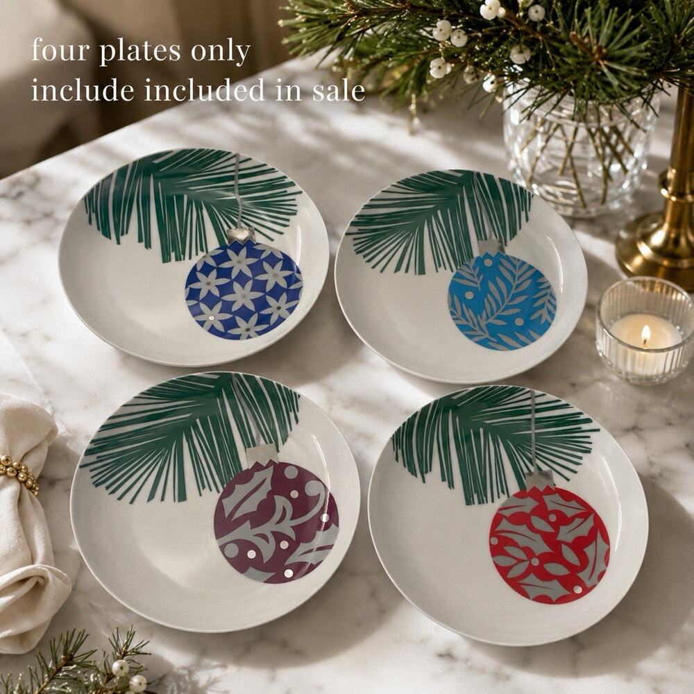 Crate & Barrel Holiday Appetizer Plates Christmas Ornaments 6.5" Set of 4